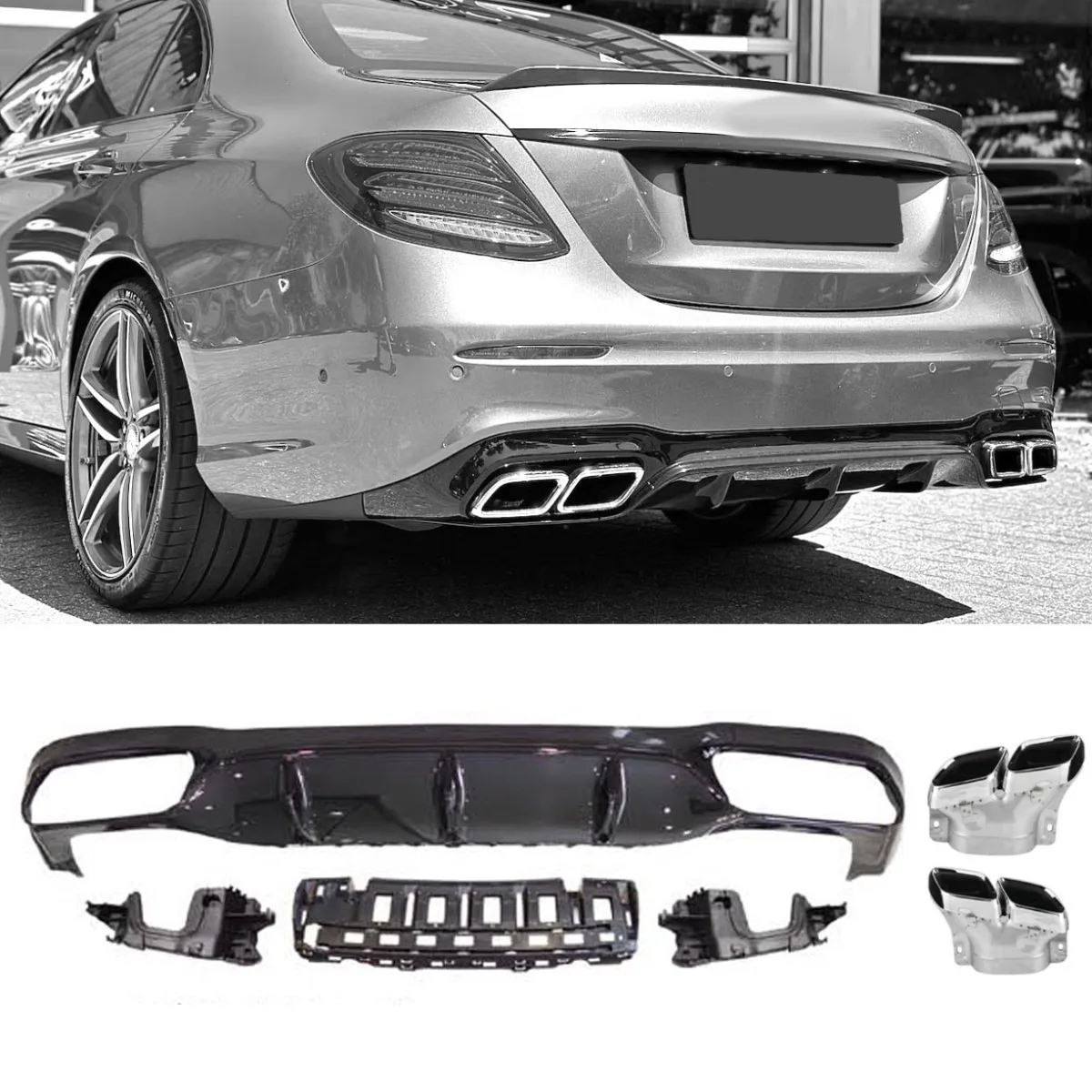Diffuser + Exhaust Tips (chrome) for Mercedes E-kl. W213 Pre-Facelift | 2017-2020