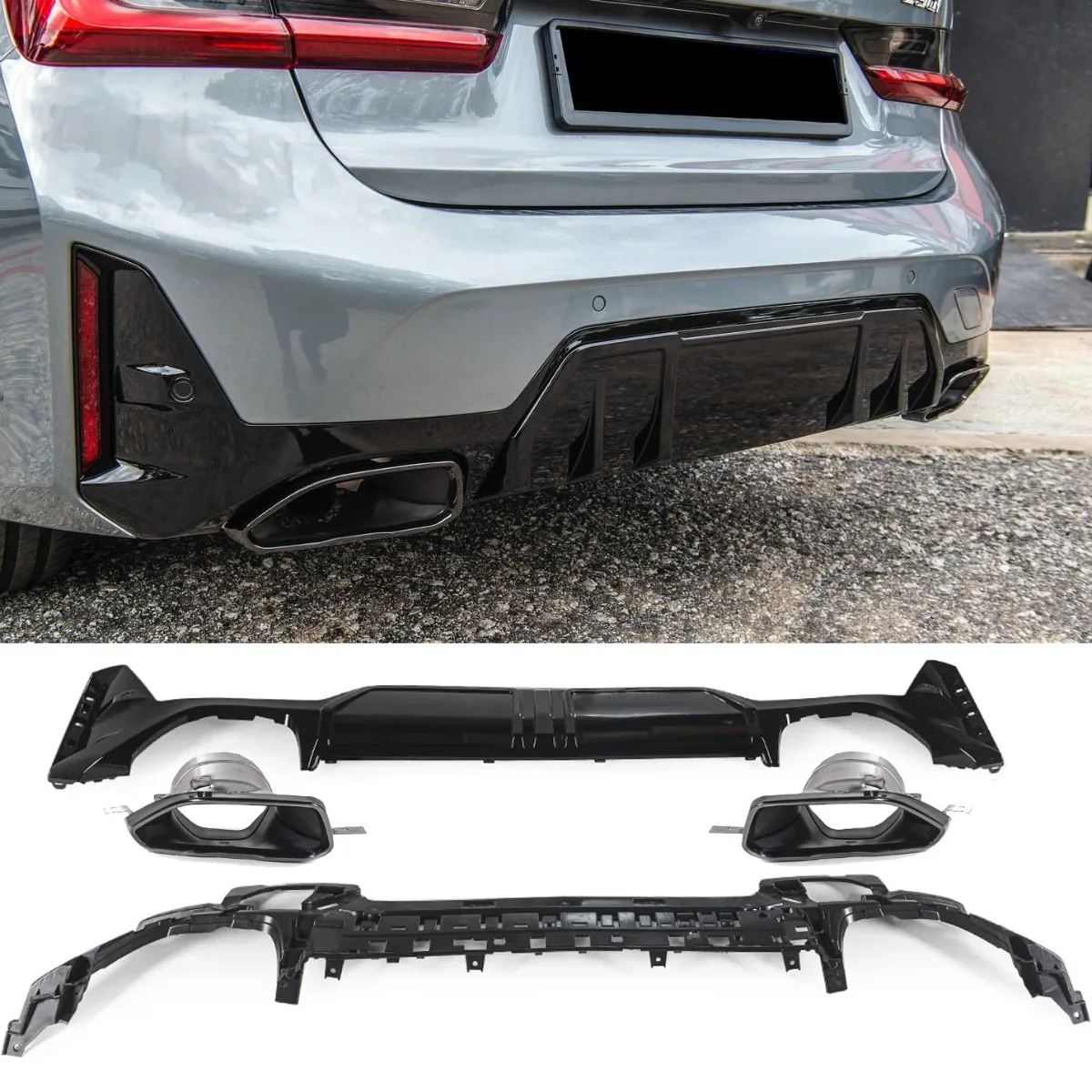 Diffuser + Exhaust Tips Black for BMW 3 Series G20 Facelift M Package | 2022-2026