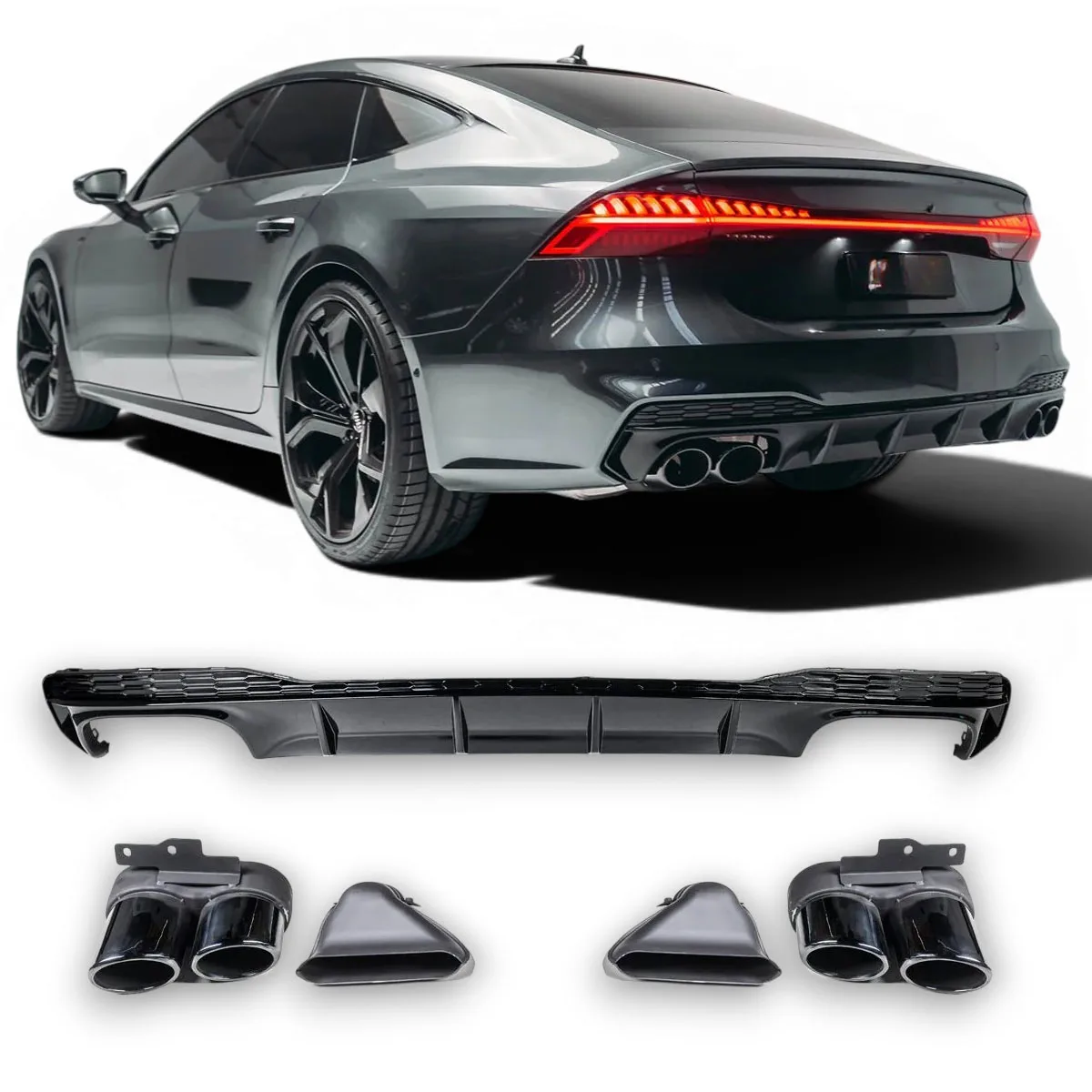 Difuusor + väljalasketorud 2x2 (MUST) sobib mudelile Audi A7 4K S Line'iga (2019–2024)