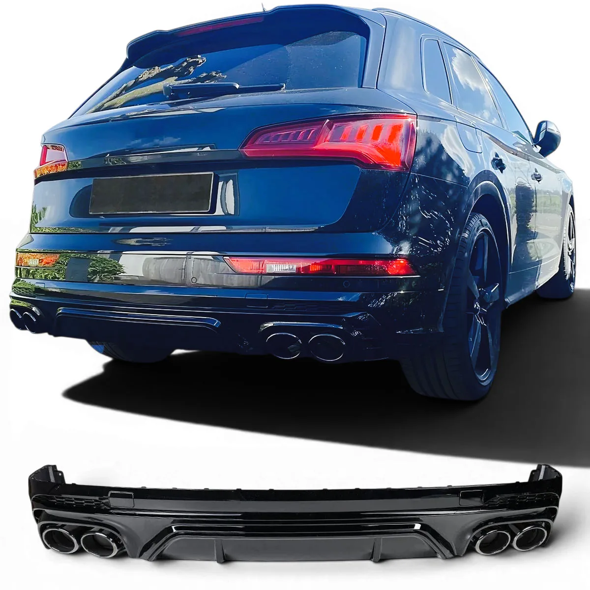 Diffuser + Exhaust Tips 2x2 (BLACK) suitable for Audi Q5 FY with S Line & SQ5 (2017–2021)