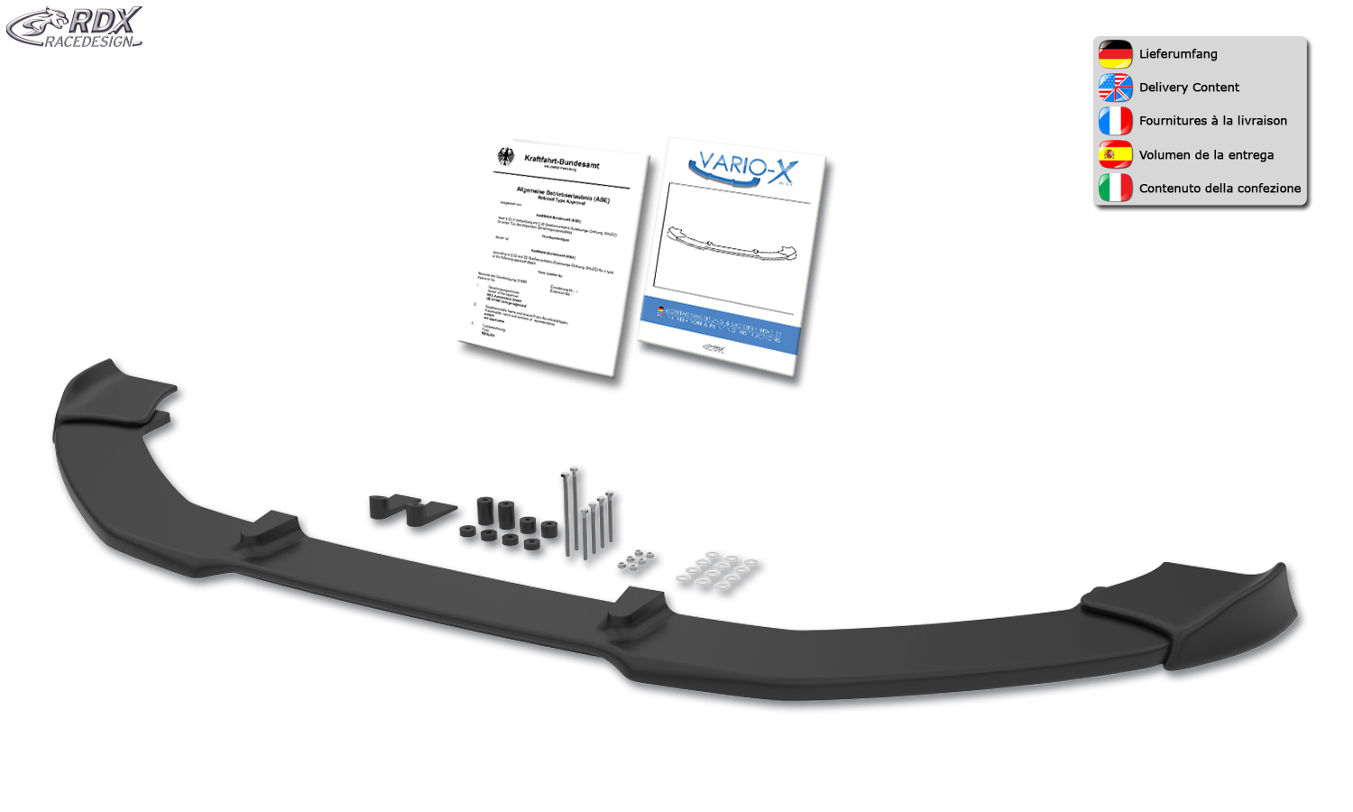 RDX VARIO-X esispoiler – Audi A1 8X ja A1 8XA Sportback (01/2015–, mitte S-Line)