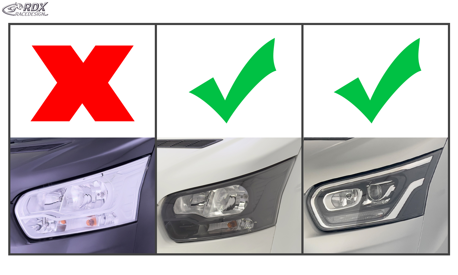 RDX esitulede kulmud – Ford Transit (2014–) Xenon- ja mustad halogeenesituled (läikivvalge)