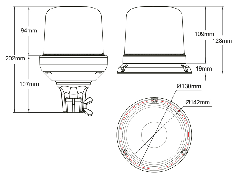 LED beacon amber DIN pole mount 12–24V ECE R65
