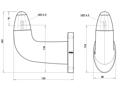 LED marker light rubber arm left 12–24V 155×160 mm