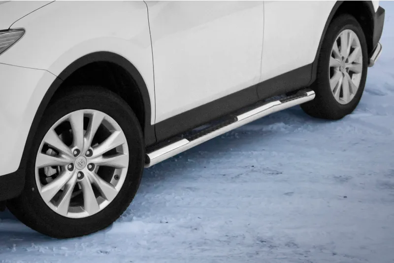 Stainless steel side bars with checker plate steps — Toyota RAV4 (2013–2016)
