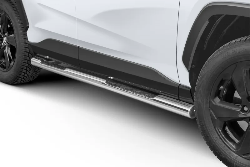 Stainless steel side bars with checker plate steps — Toyota RAV4 (2018–)