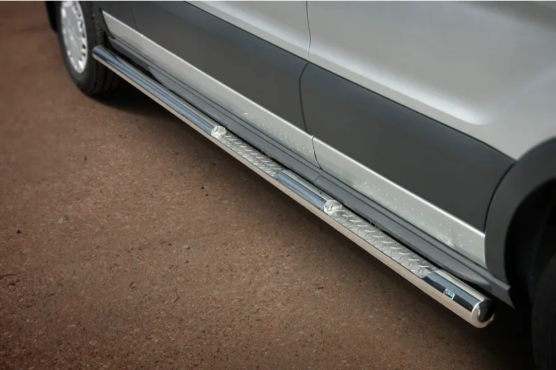 Stainless steel side bars with checker plate steps — Ford Transit (2014–)